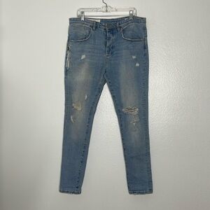 Kollar Stack Fit Distressed Button Fly Skinny Stretch Blue Jeans Size 36